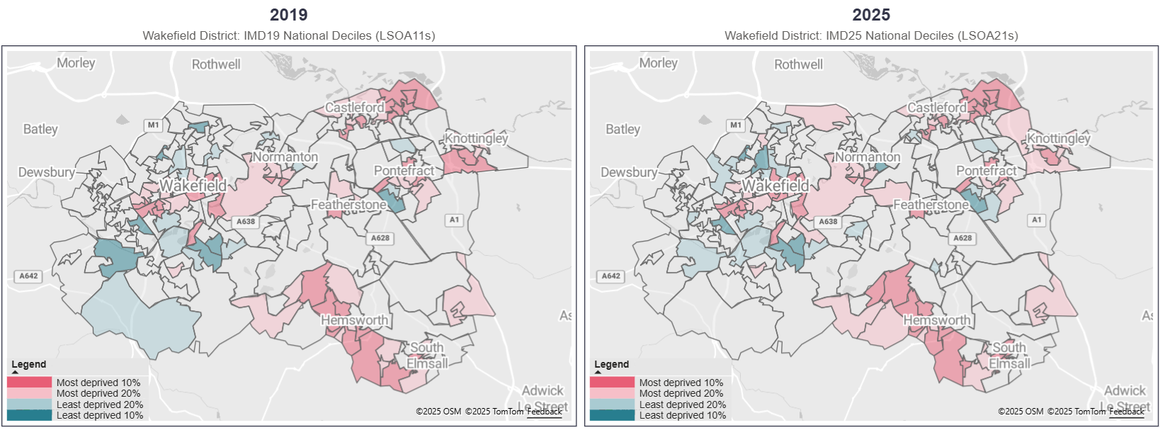 The map on the left shows the most and least deprived 20% areas of the Wakefield District for IMD19. The map on the right shows the most and least deprived 20% areas of the Wakefield District for IMD25.